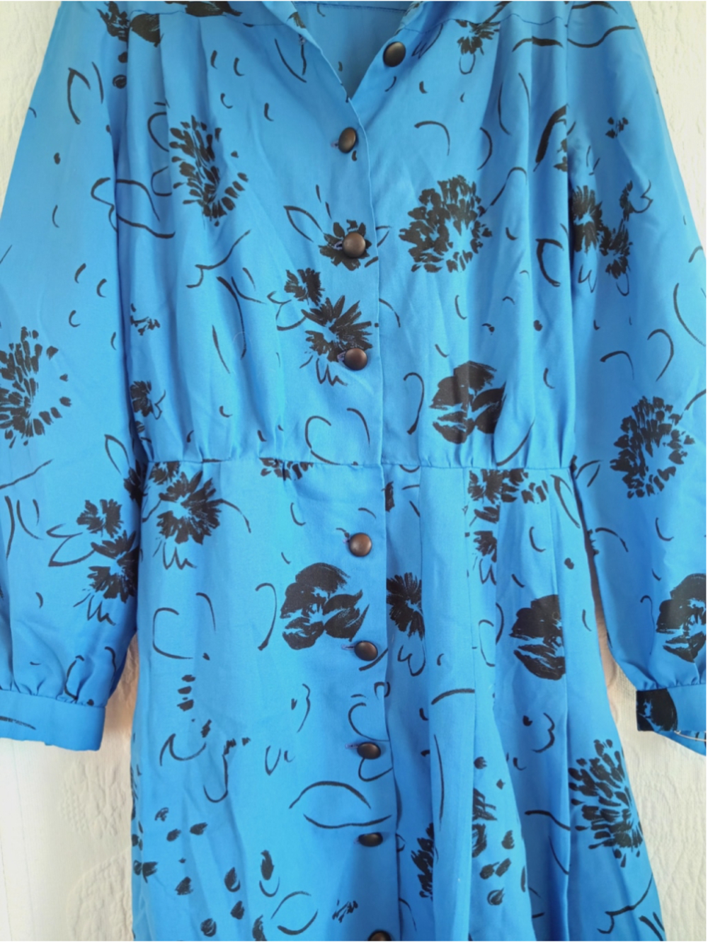 80s Button down Midi shirt Dress electric Blue Black floral vintage secretary M - Picture 6 of 16